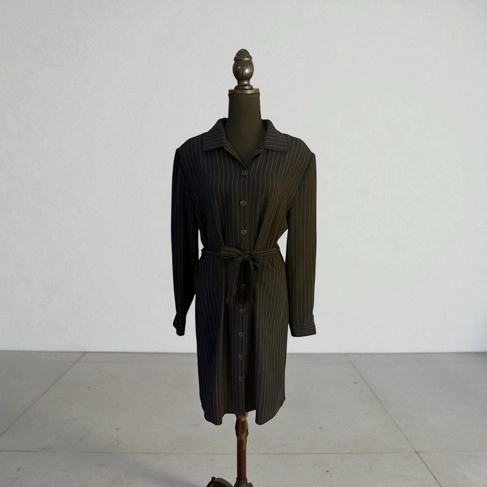 Vintage Sag Harbor Black Pinstripe Belted Shirt Dress - Size 16p